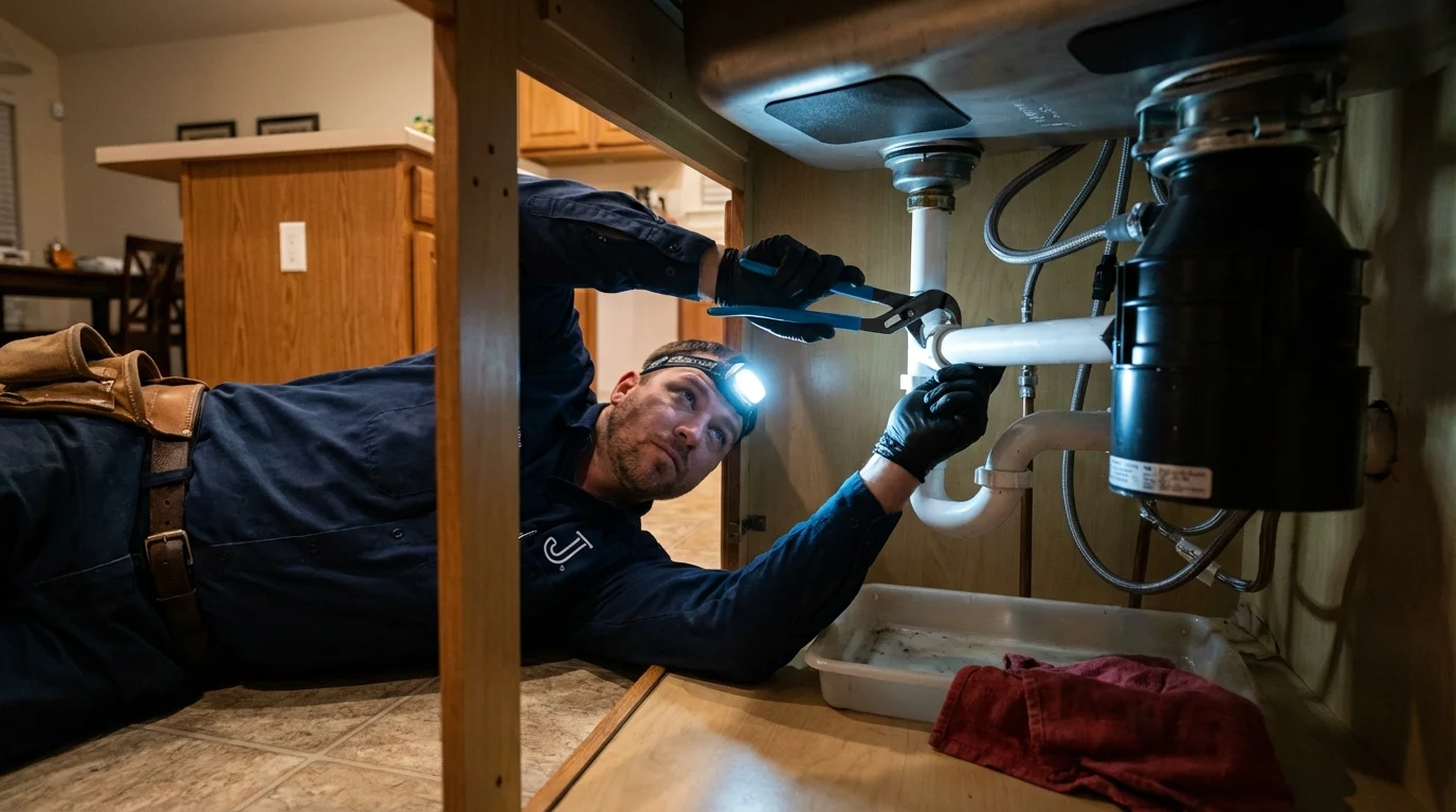 P-trap and supply line connections under a kitchen sink showing a common leak point in Panguitch, UT